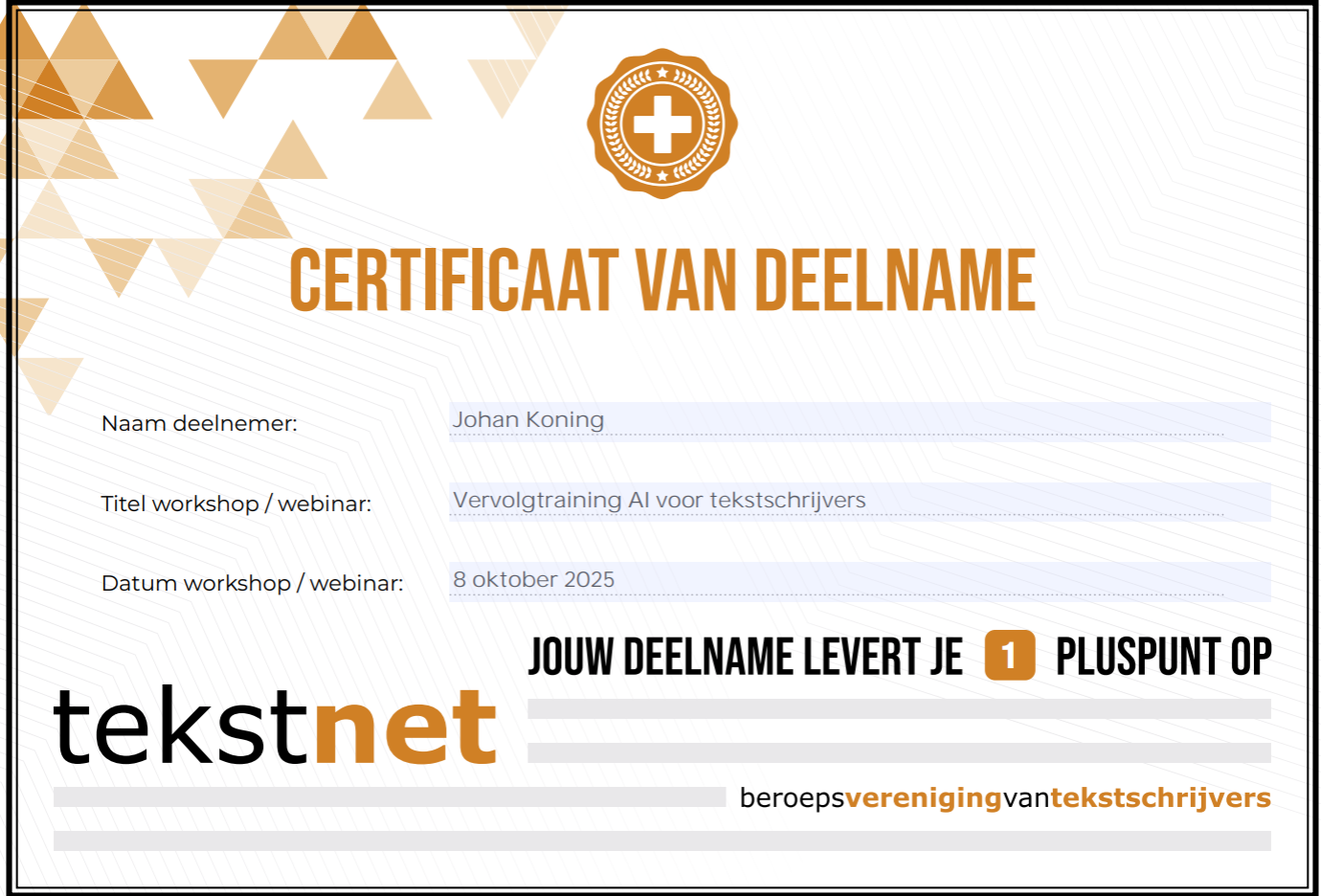 Certificaat Johan Koning Vervolgtraining AI voor tekstschrijvers