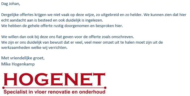 Reactie van Hogenet op offerte freelance tekstschrijver Johan Koning: helder, uitgebreid, eerlijk